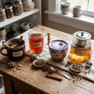 Four labeled cups of steaming chicory, rooibos, ube, and herbal infusion teas on a wooden table